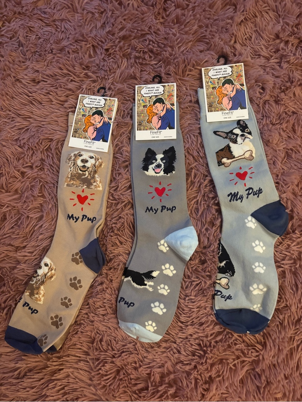 My Pup Dog Print Crew Socks - Blue/Grey/Tan